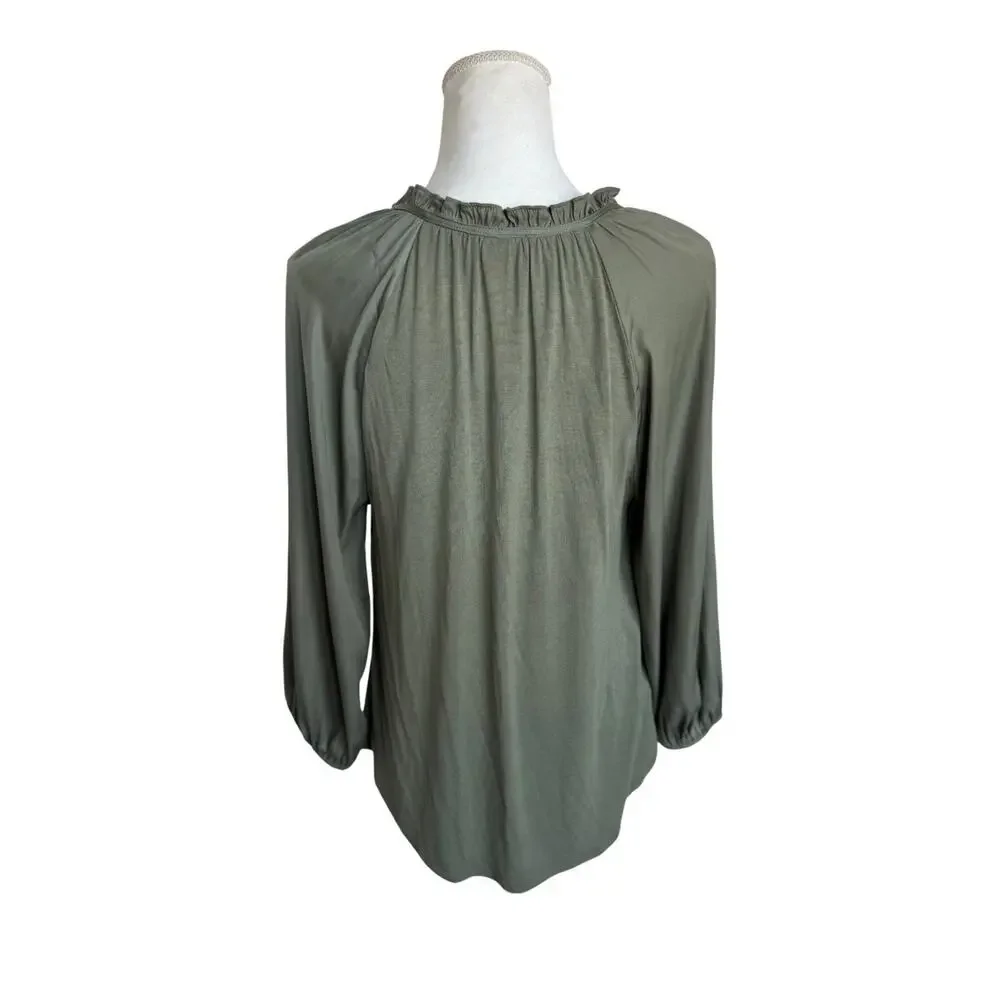 LOFT Green Tie Neck Blouse Women’s Small Long Sleeve Ruffle Neck Relaxed Fit - Picture 2 of 4